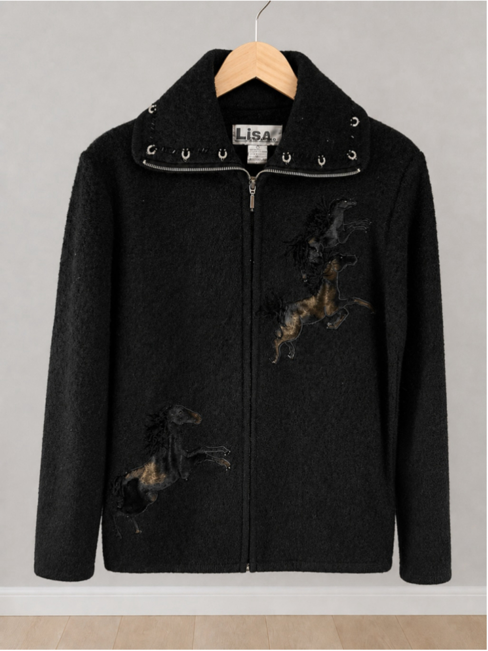 Women's Lisa Black & Brown Horse Embroidered Zip-Up Cardigan, Size M vintage